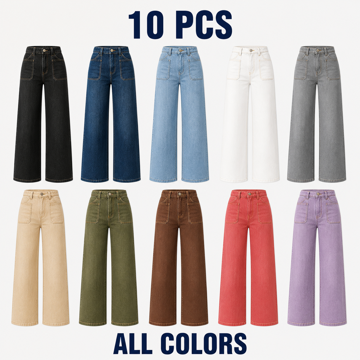 Women's High-Waist Wide-Leg Jeans, 8 PCS or 10 PCS All Colors