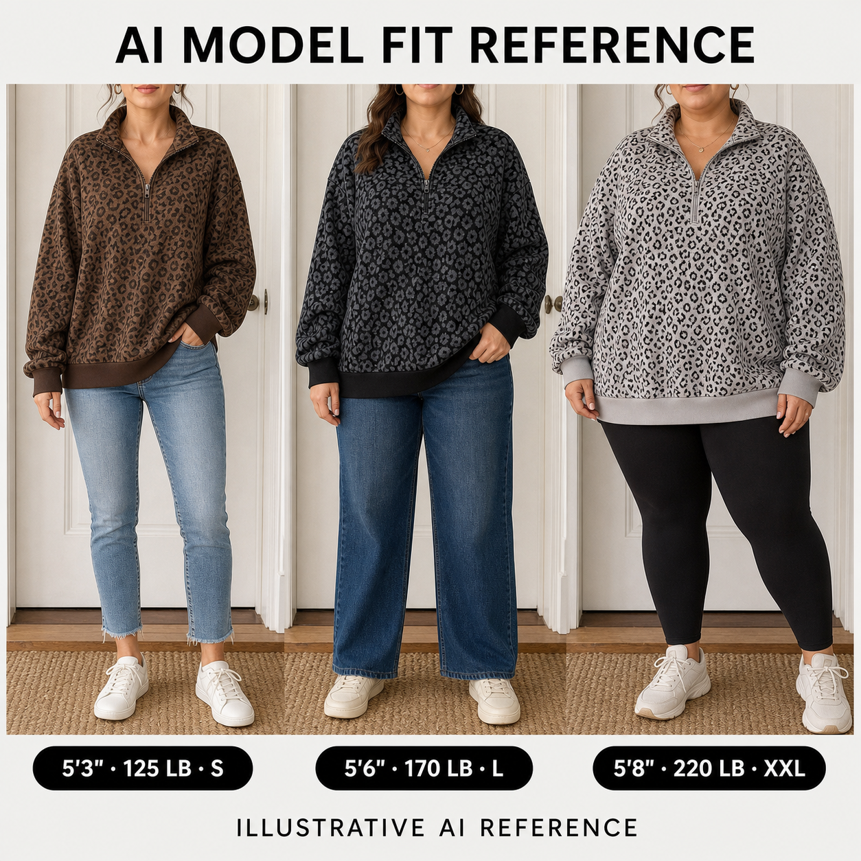 8 PCS Women's Leopard Print Half-Zip Pullover Set, Loose Drop Shoulder Long Sleeve Top
