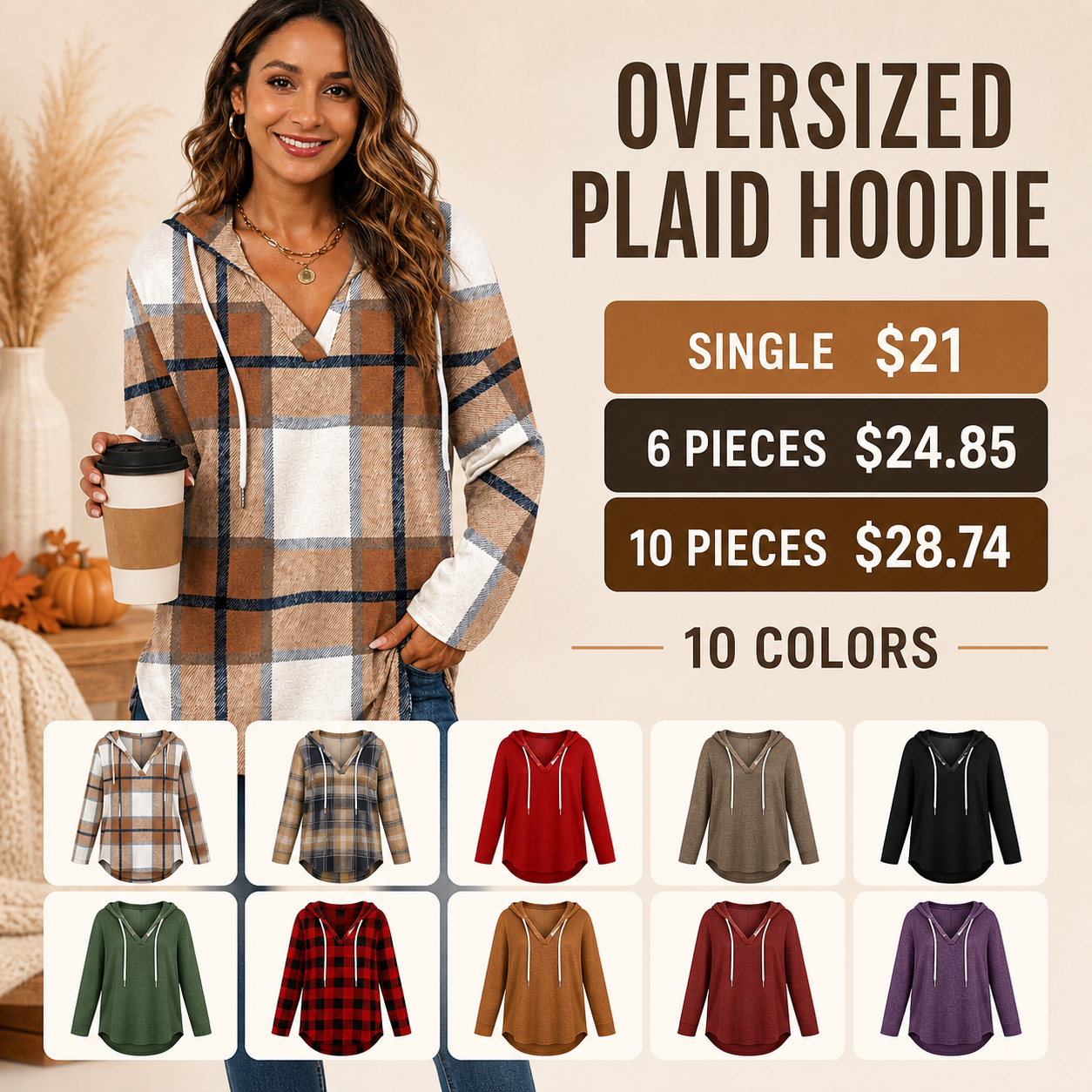 Women's Oversized V-Neck Plaid Hoodie Sweatshirt
