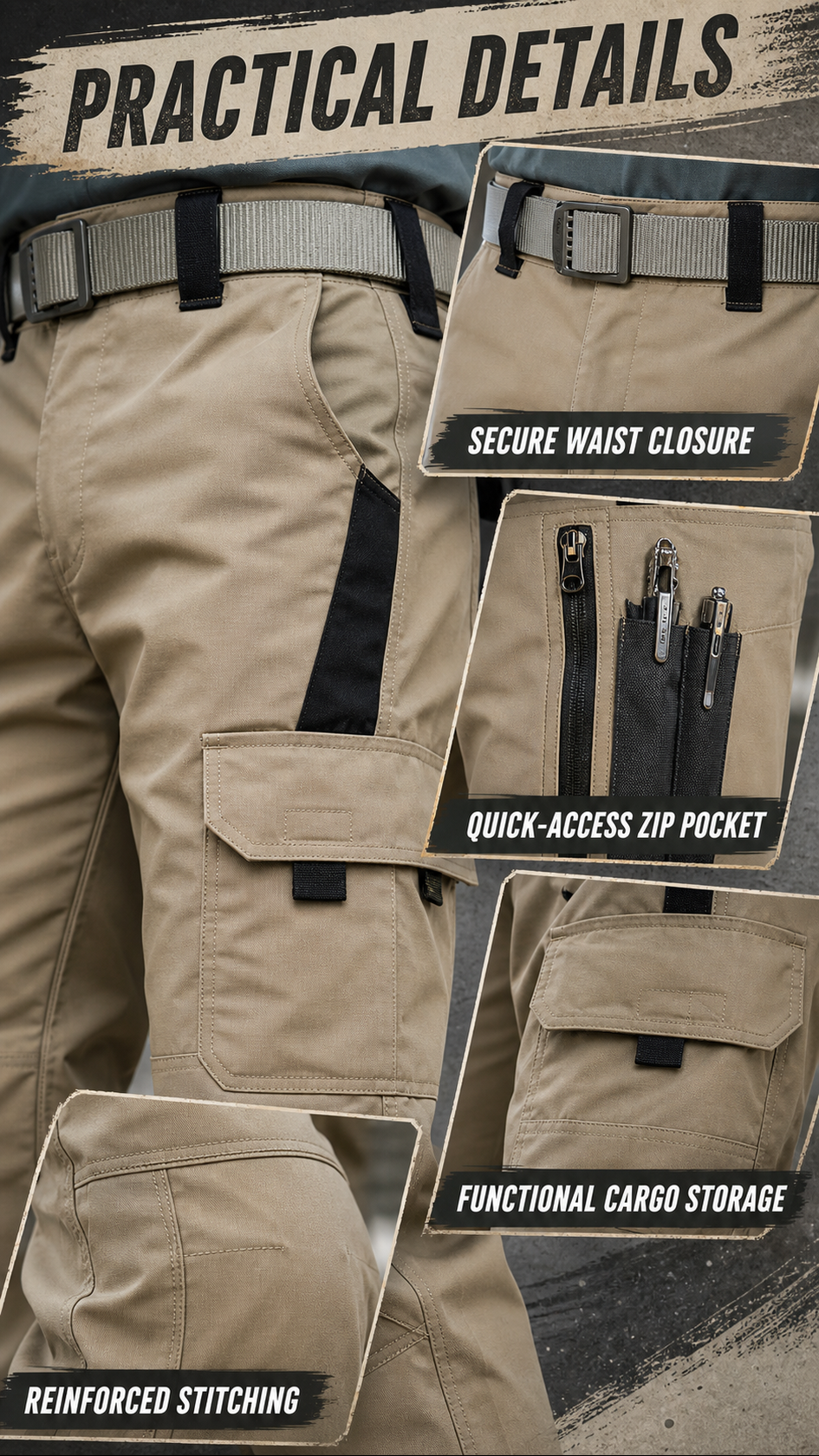Waist zip pockets tool slots and reinforced stitching