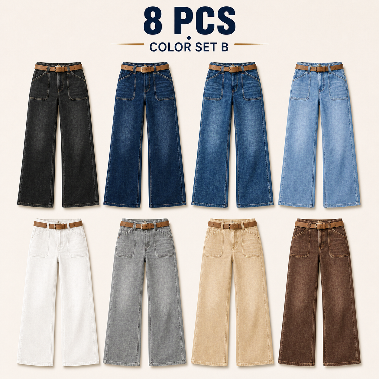 Women's 8/16 PCS Wide-Leg Jeans with Belt & Front Patch Pockets