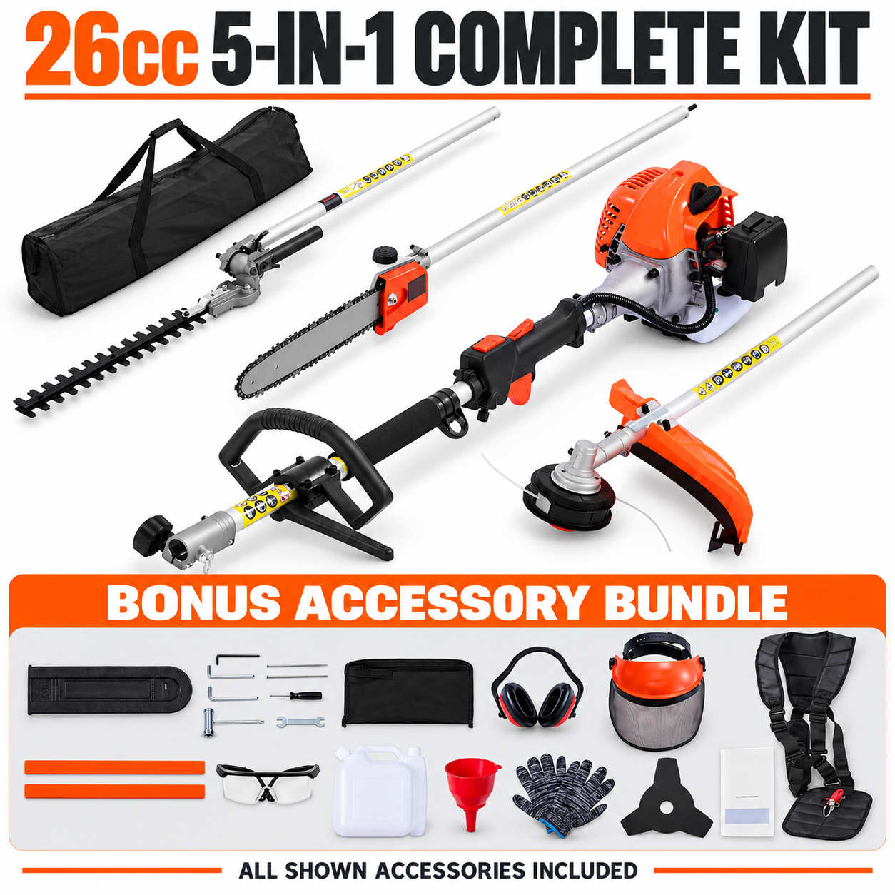 5-in-1 Gas Hedge Trimmer, Weed Eater, String Trimmer, Brush Cutter & Pole Saw
