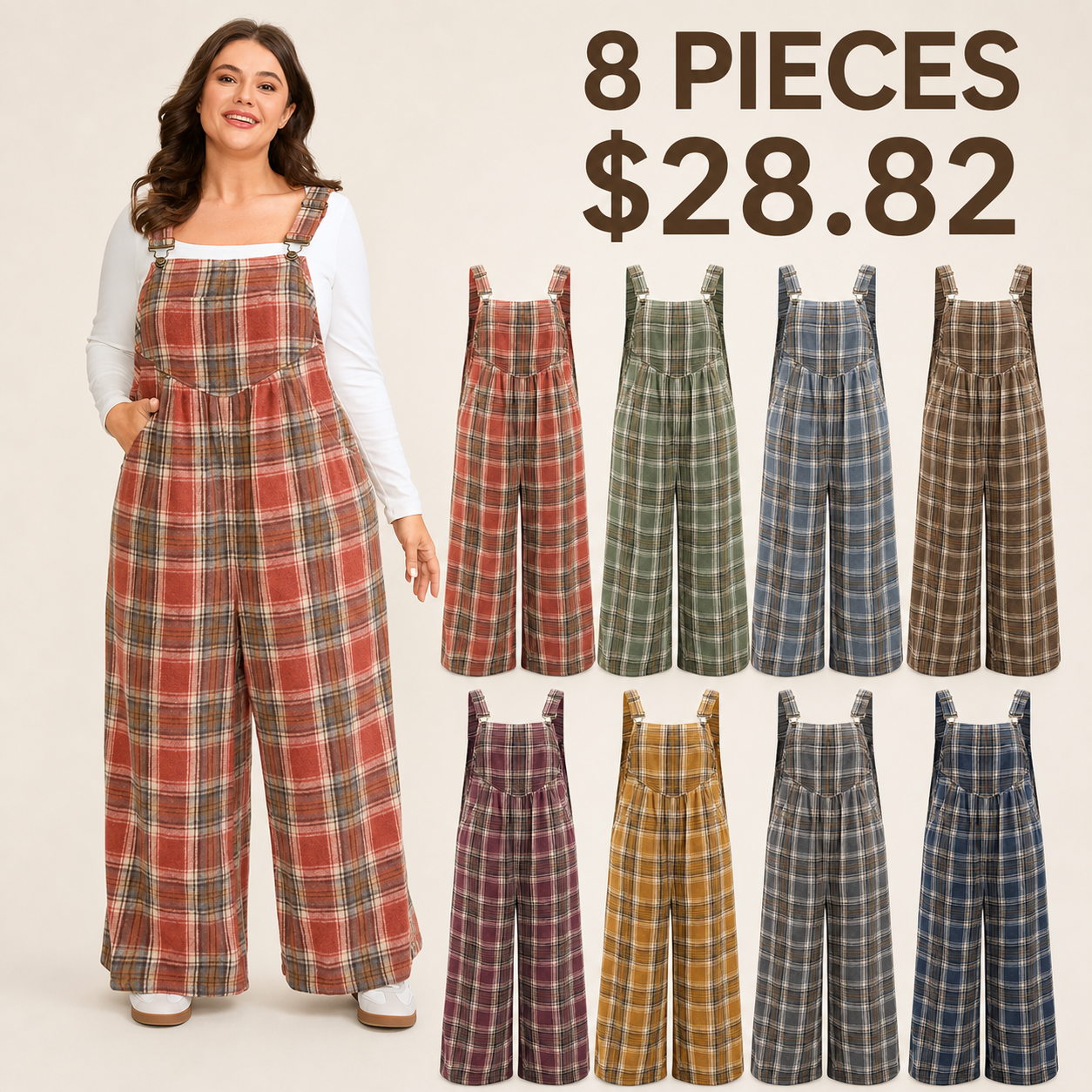 Women's Plaid Sleeveless Button-Closure Wide-Leg Overalls