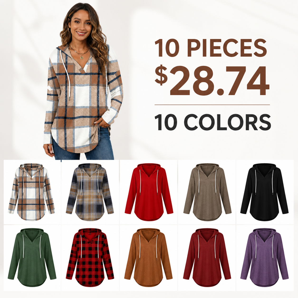 Women's Oversized V-Neck Plaid Hoodie Sweatshirt