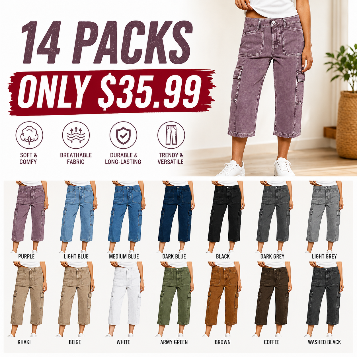 ⚡FINAL SALE⚡- 8 PACK Women’s Flap Pocket Stitch Detail Mid Waist Straight Leg Capri Pants