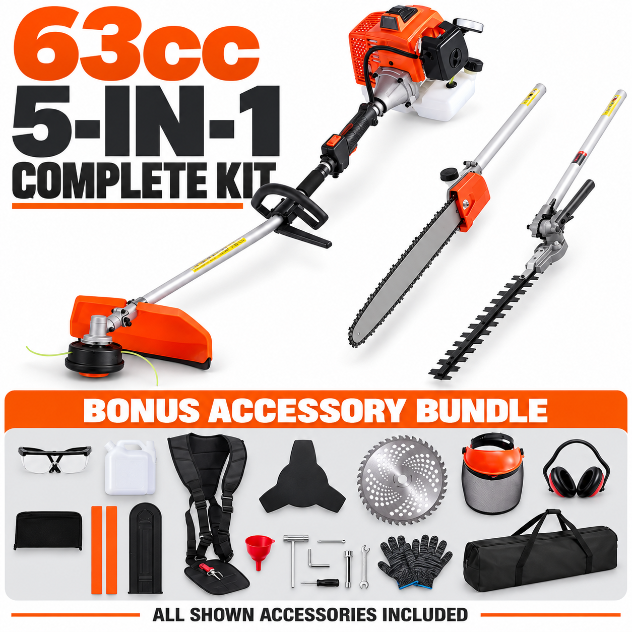 5-in-1 Gas Hedge Trimmer, Weed Eater, String Trimmer, Brush Cutter & Pole Saw