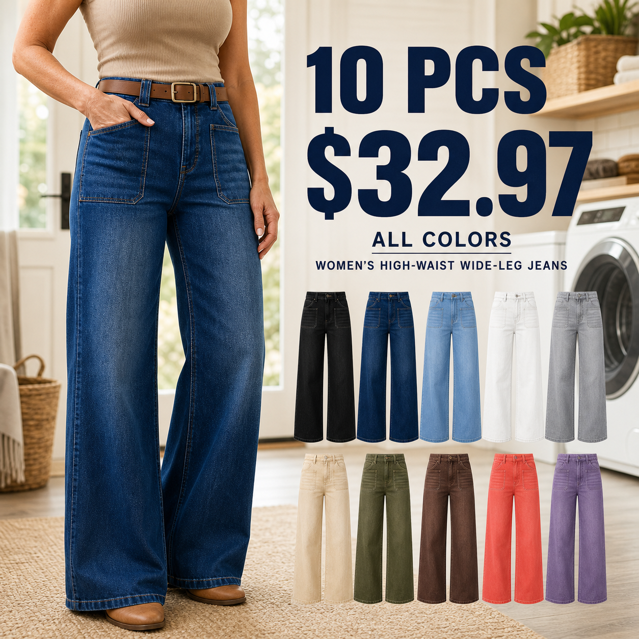 Women's High-Waist Wide-Leg Jeans, 8 PCS or 10 PCS All Colors