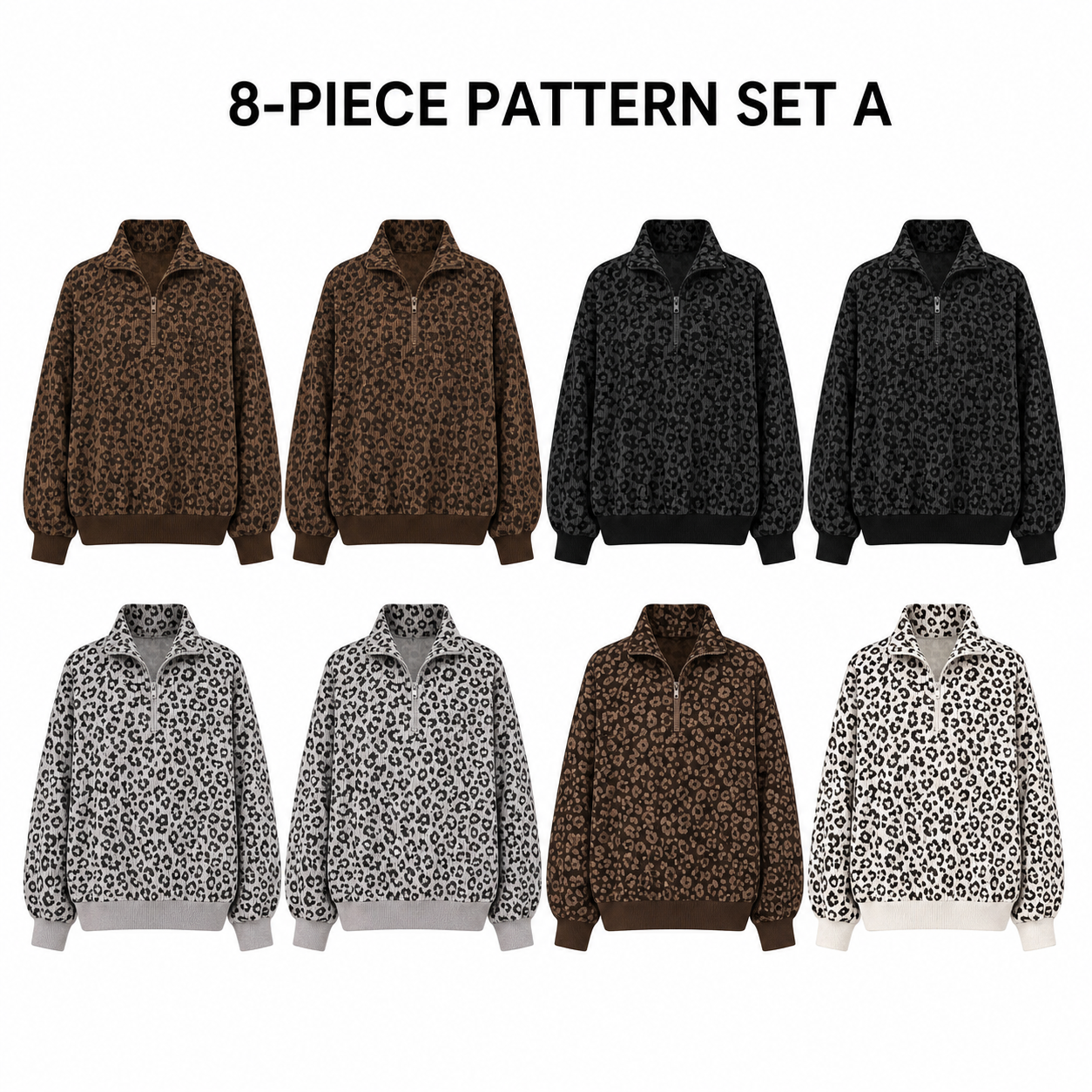 8 PCS Women's Leopard Print Half-Zip Pullover Set, Loose Drop Shoulder Long Sleeve Top
