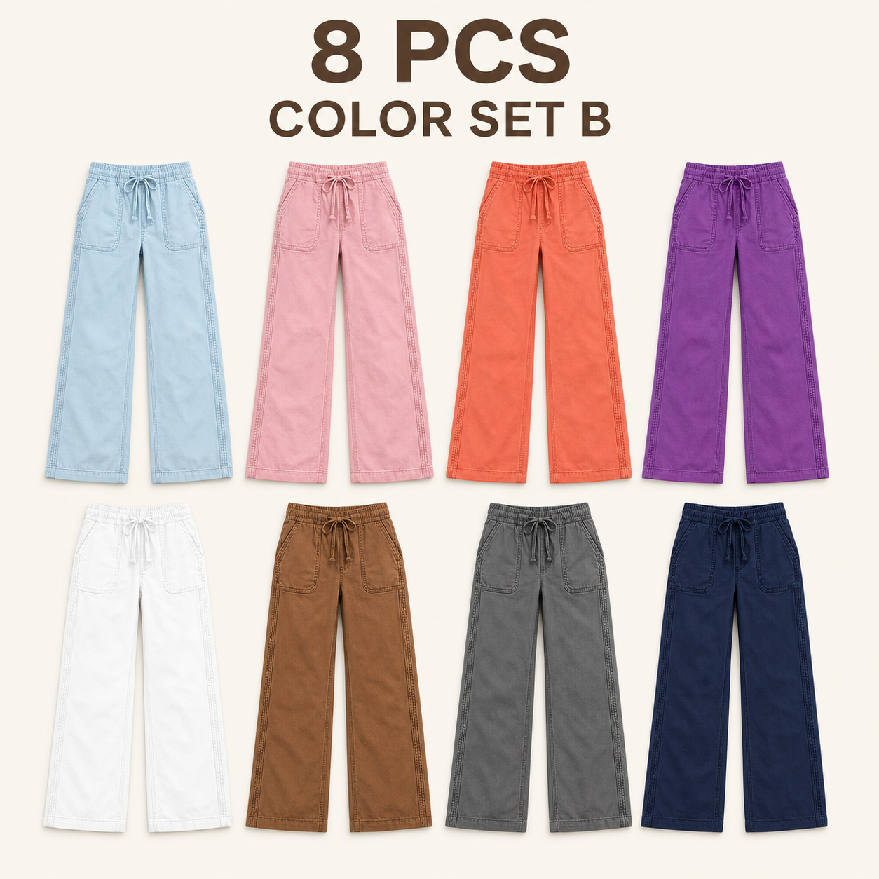 Women's 8 PCS Wide-Leg Utility Pants, Drawstring Waist, Front Patch Pockets