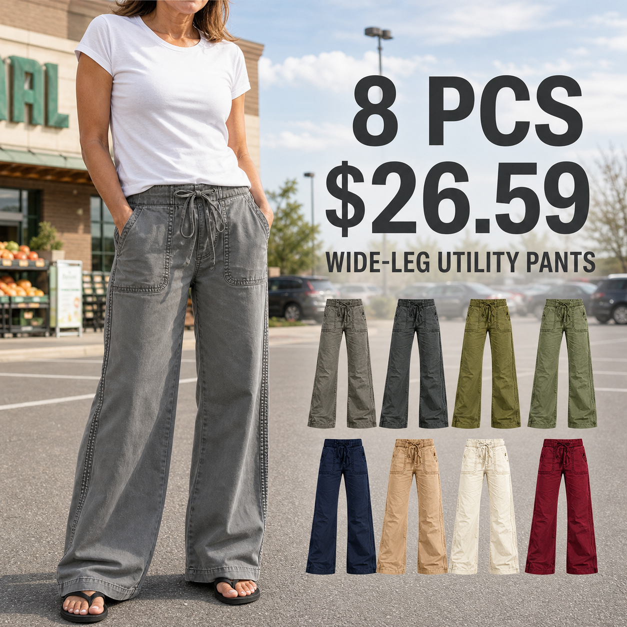 Women's 8 PCS Wide-Leg Utility Pants, Drawstring Waist, Front Patch Pockets