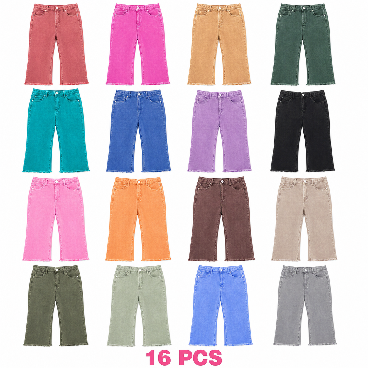 Women's High Rise Cropped Bootcut Jeans, Acid-Washed Raw Hem, 8/16 PCS Color Sets