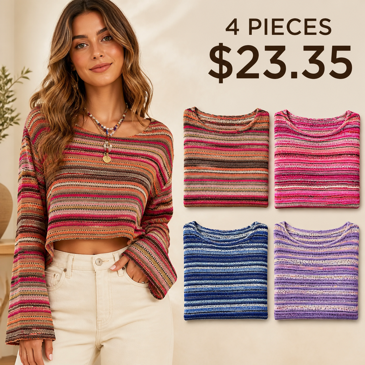 Women's Colorful Striped Textured Knit Top