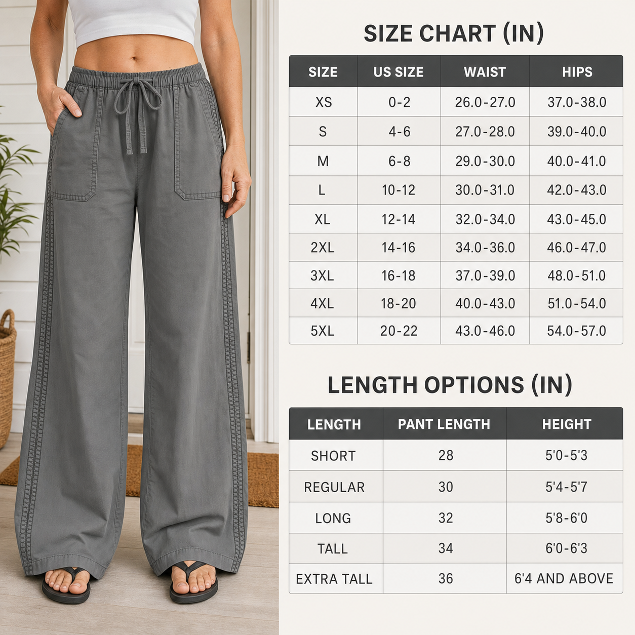 Women's 8 PCS Wide-Leg Utility Pants, Drawstring Waist, Front Patch Pockets
