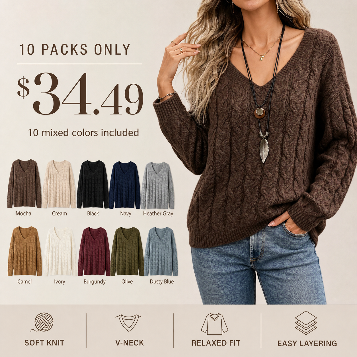 Women's Cable Knit V Neck Long Sleeve Sweater 8/10/12 Pack