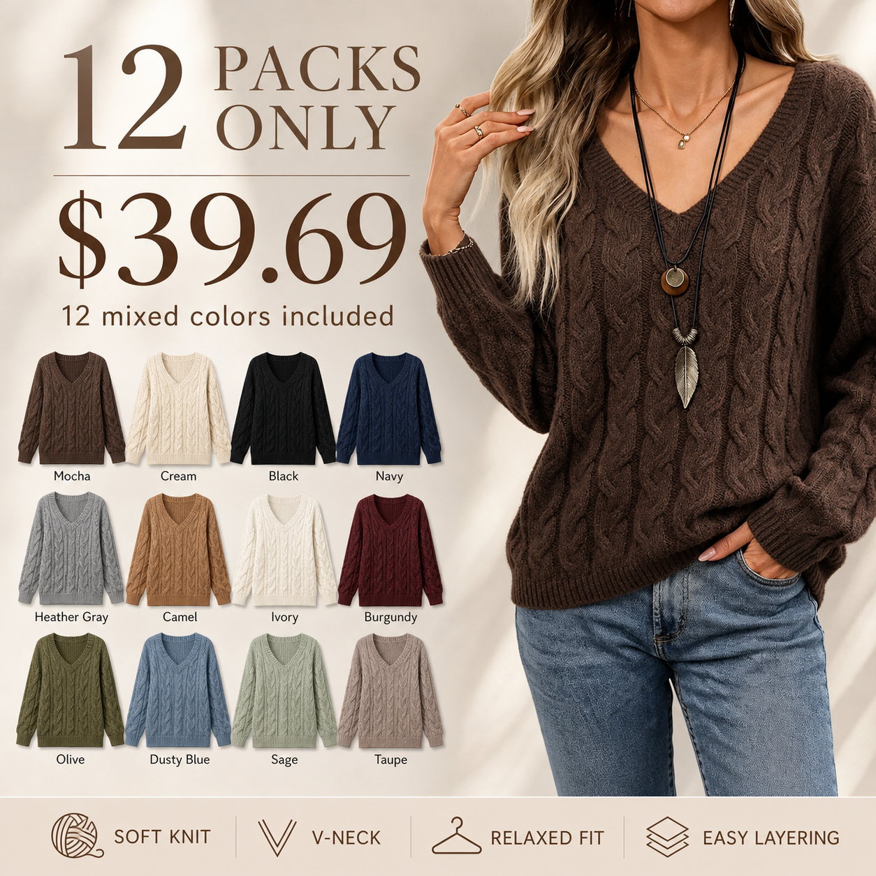 Women's Cable Knit V Neck Long Sleeve Sweater 8/10/12 Pack