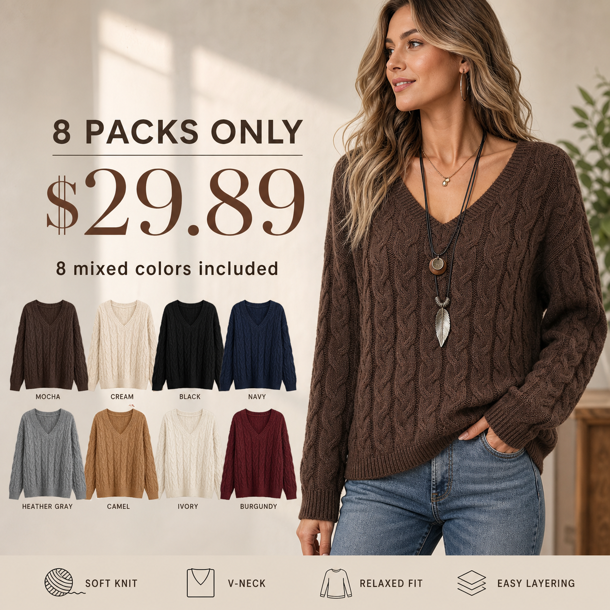 Women's Cable Knit V Neck Long Sleeve Sweater 8/10/12 Pack