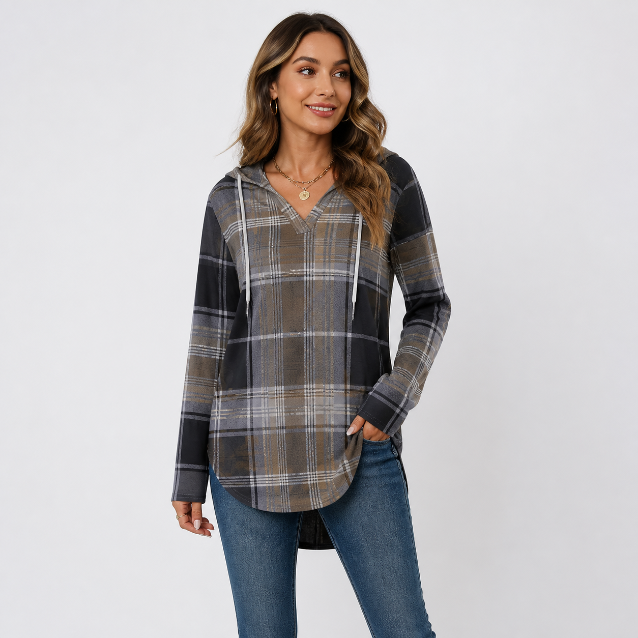Women's Oversized V-Neck Plaid Hoodie Sweatshirt