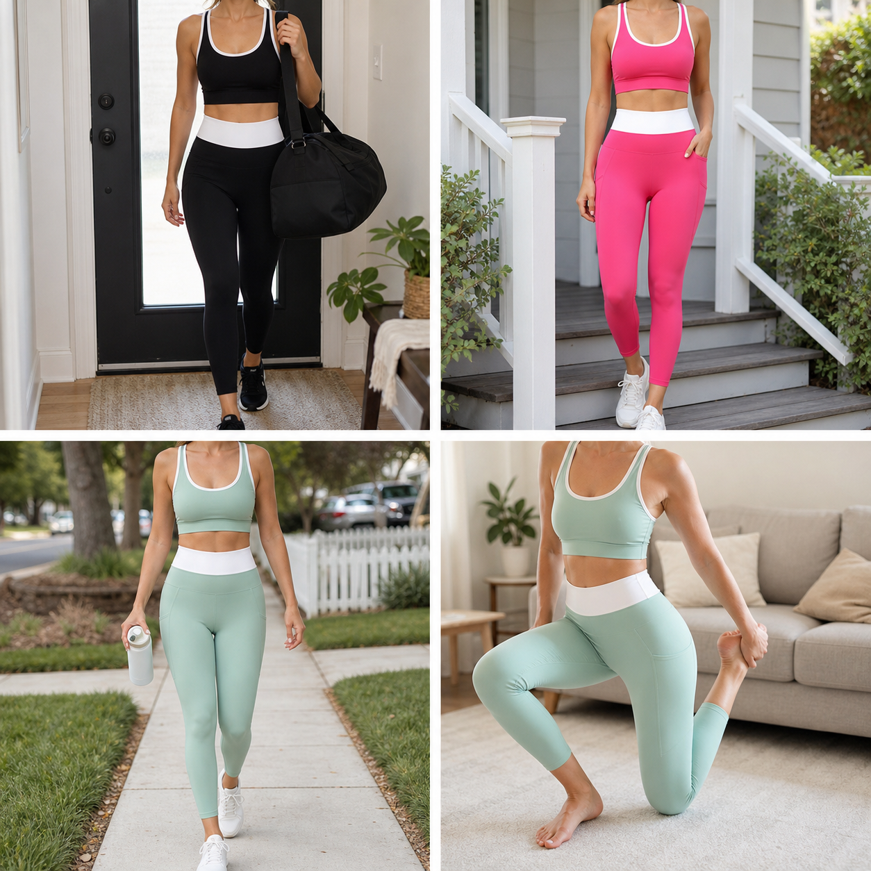 Women's Color-Block Sports Bra & High-Waisted 7/8 Pocket Leggings Set Bundle