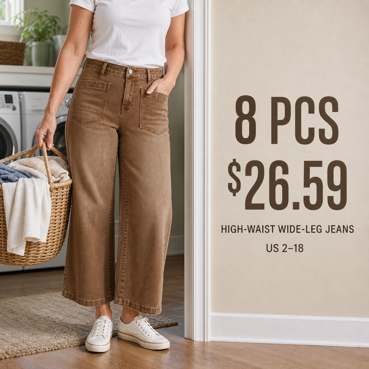 8 pieces--Short Women's High Waisted Wide Leg Patch Pocket Jeans