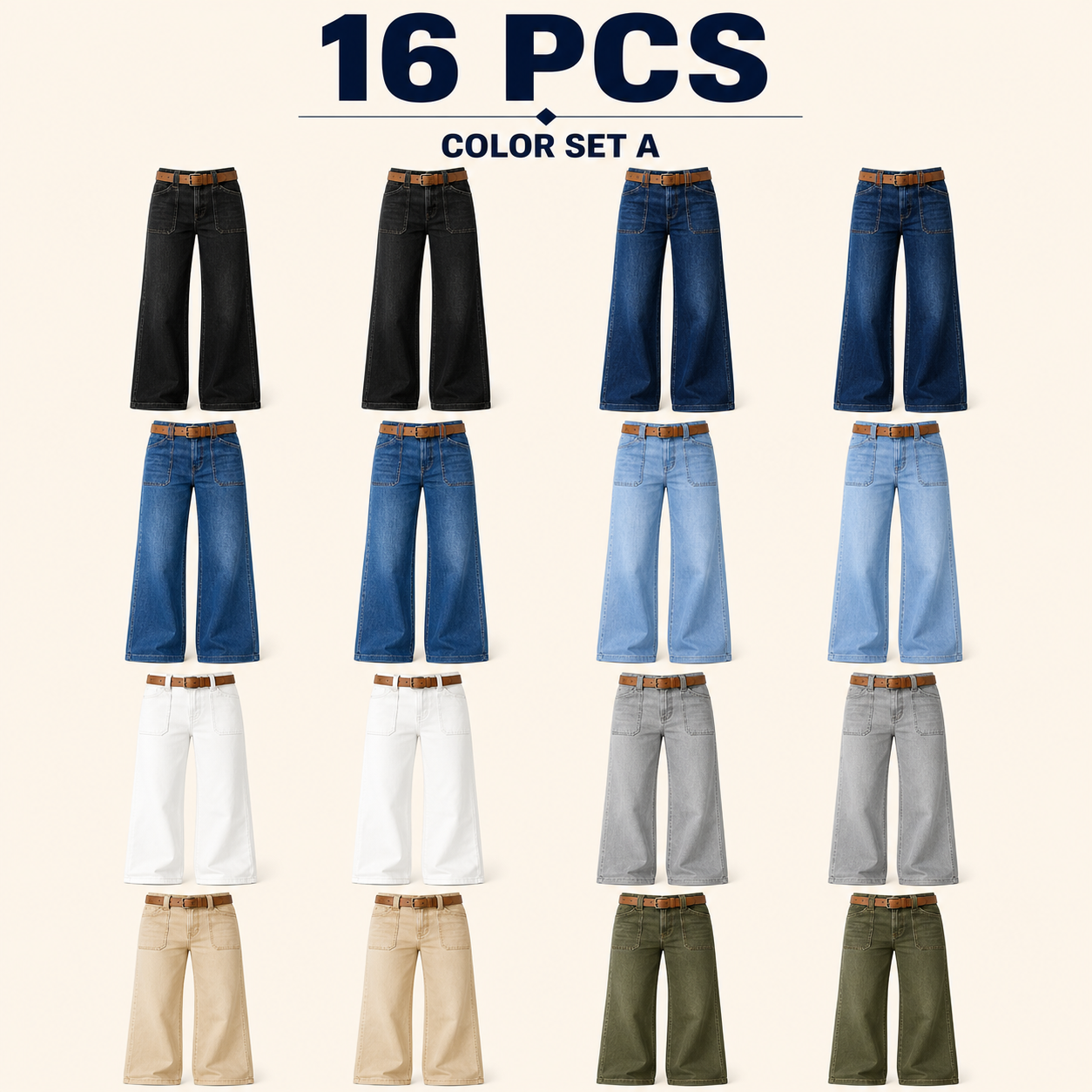 Women's 8/16 PCS Wide-Leg Jeans with Belt & Front Patch Pockets