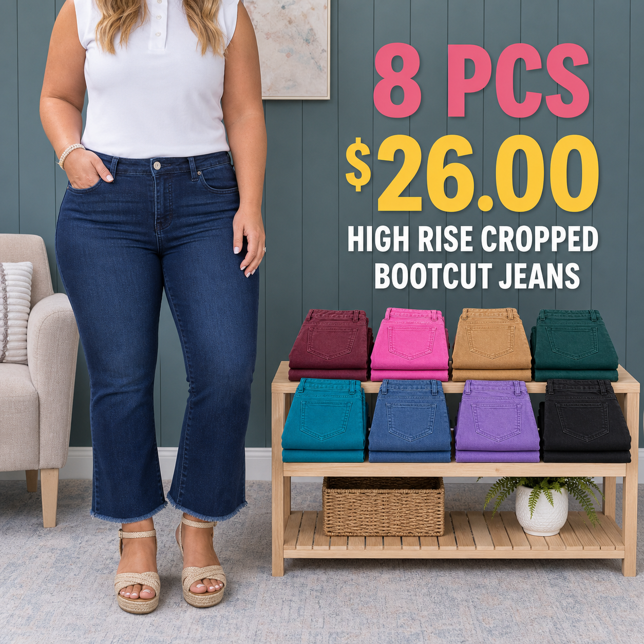 Women's High Rise Cropped Bootcut Jeans, Acid-Washed Raw Hem, 8/16 PCS Color Sets