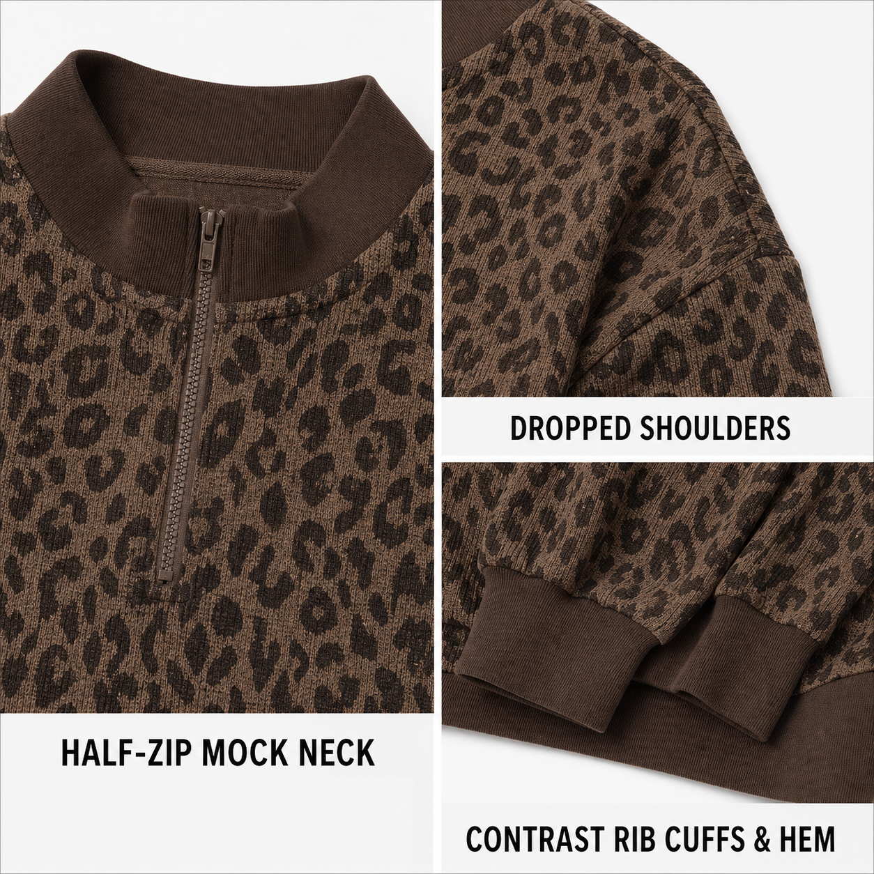 8 PCS Women's Leopard Print Half-Zip Pullover Set, Loose Drop Shoulder Long Sleeve Top