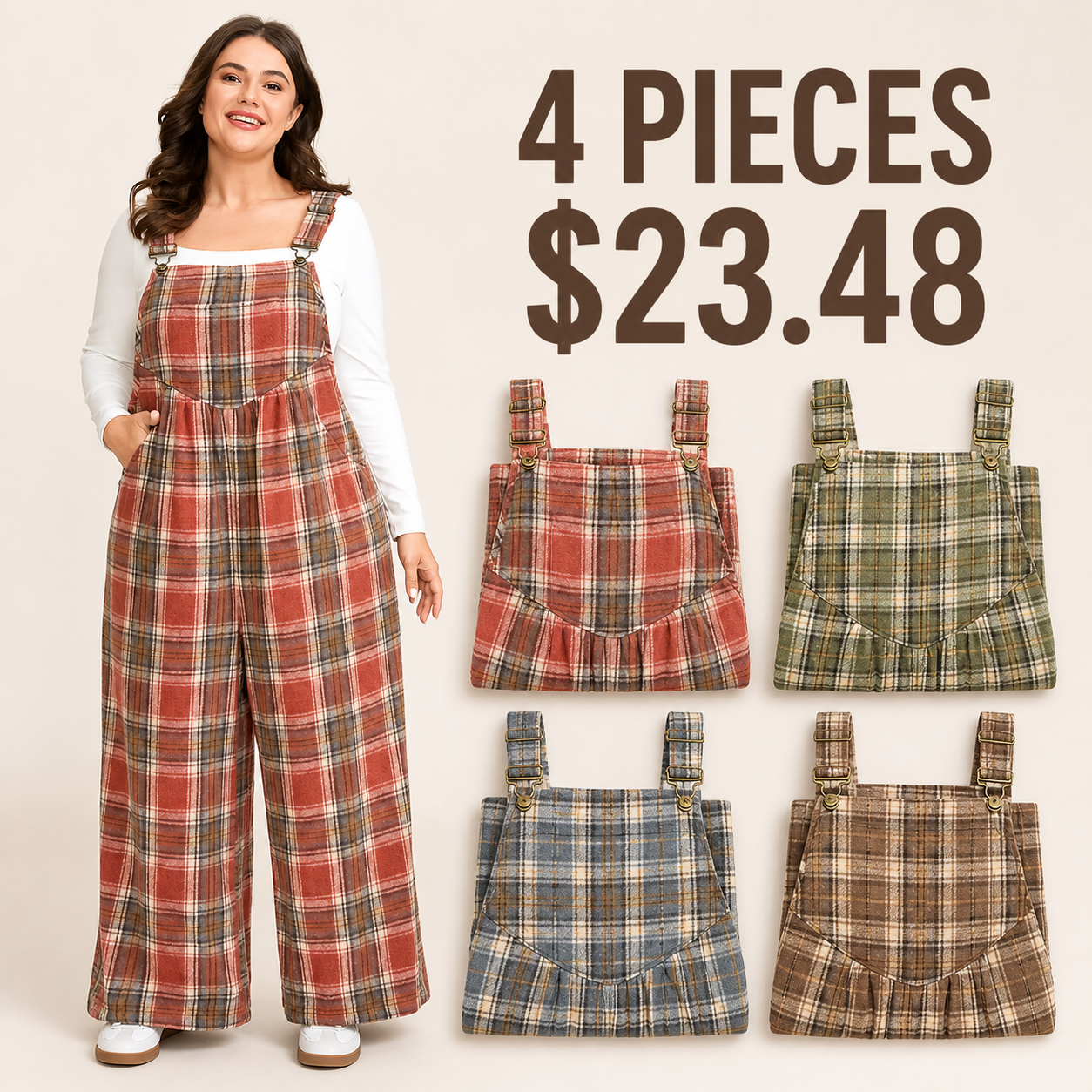 Women's Plaid Sleeveless Button-Closure Wide-Leg Overalls