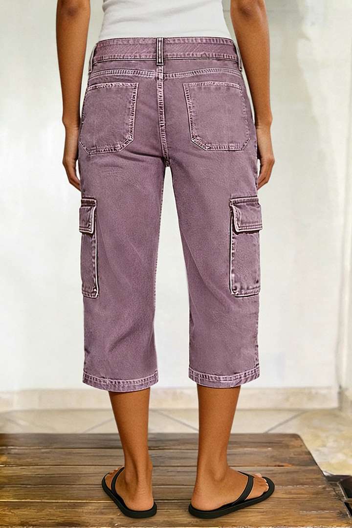 Flap Pocket Stitch Detail Mid Waist Straight Leg Capri Pants gallery 3