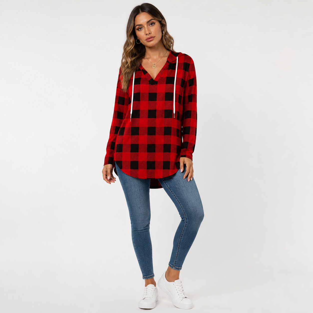 Women's Oversized V-Neck Plaid Hoodie Sweatshirt