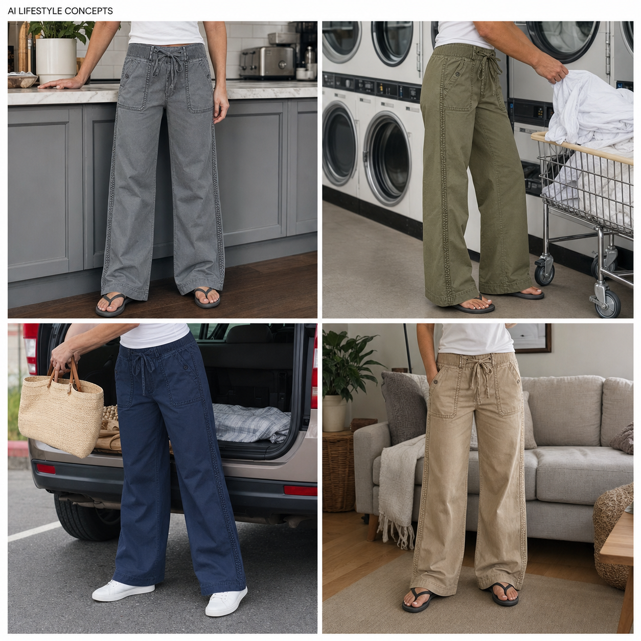 Women's 8 PCS Wide-Leg Utility Pants, Drawstring Waist, Front Patch Pockets