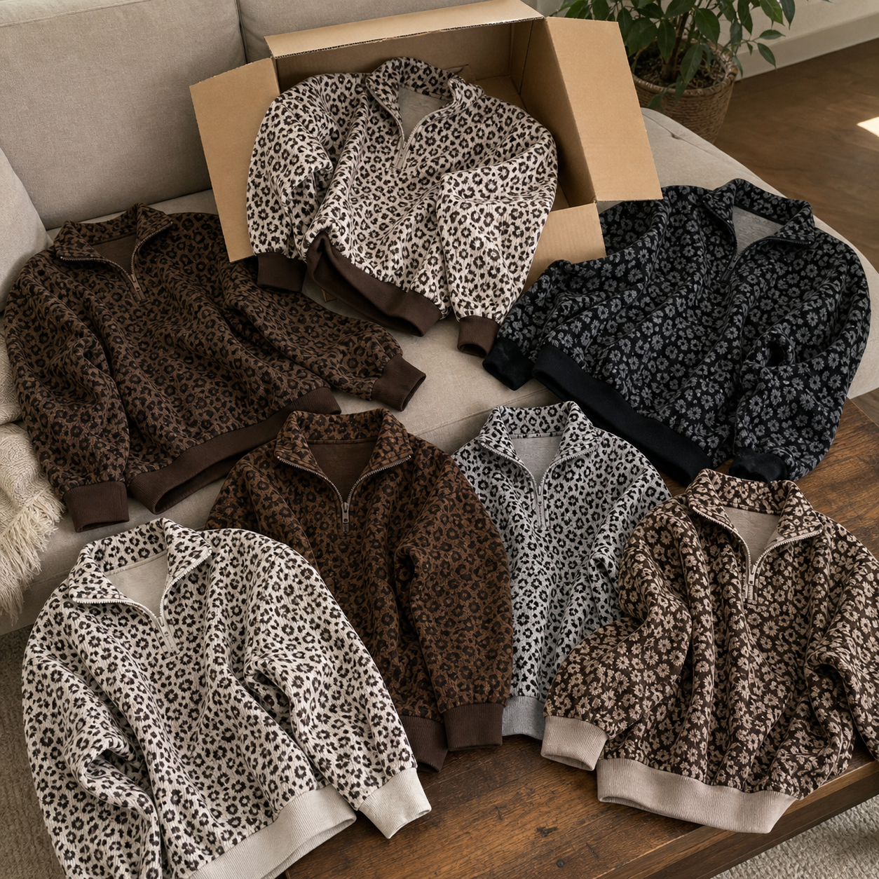 8 PCS Women's Leopard Print Half-Zip Pullover Set, Loose Drop Shoulder Long Sleeve Top