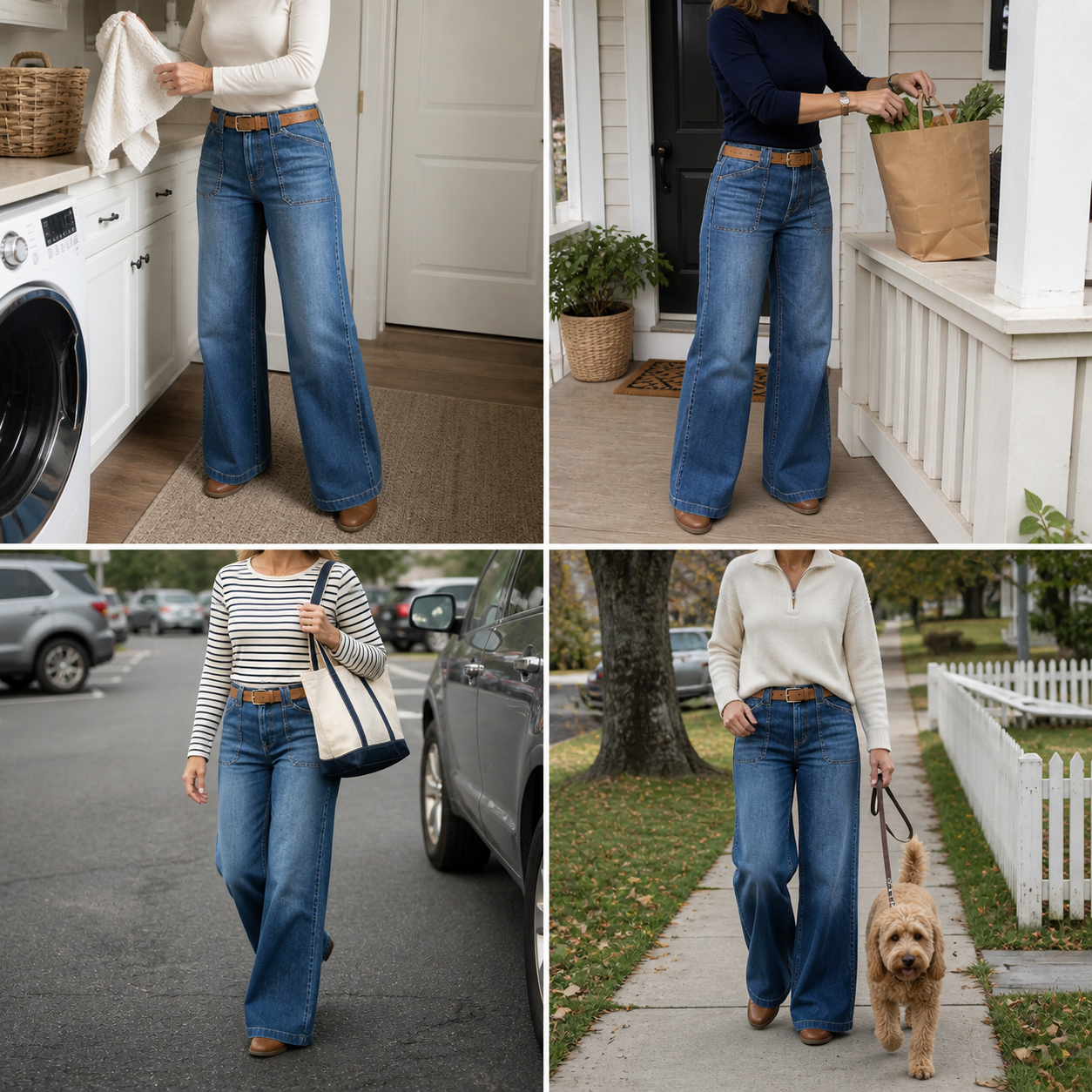 Women's 8/16 PCS Wide-Leg Jeans with Belt & Front Patch Pockets