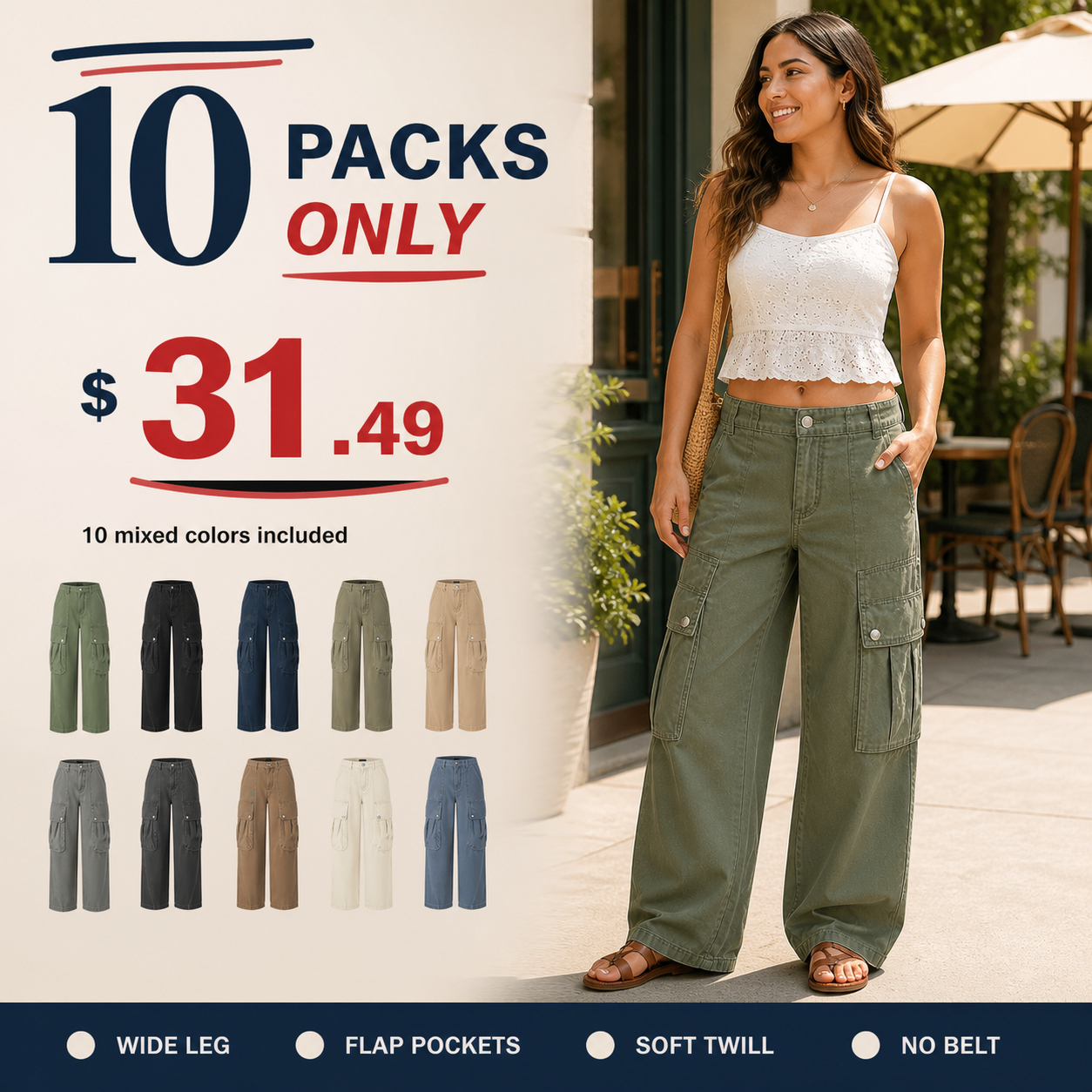 Women's Solid Flap Pocket Mid Rise Parachute Cargo Pants Without Belt 8/10/12 Pack