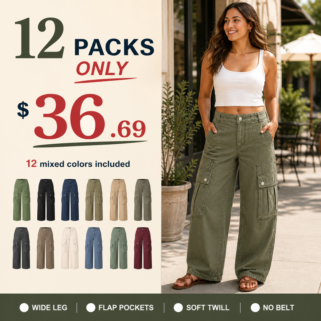 Women's Solid Flap Pocket Mid Rise Parachute Cargo Pants Without Belt 8/10/12 Pack