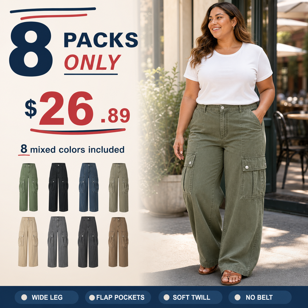 Women's Solid Flap Pocket Mid Rise Parachute Cargo Pants Without Belt 8/10/12 Pack