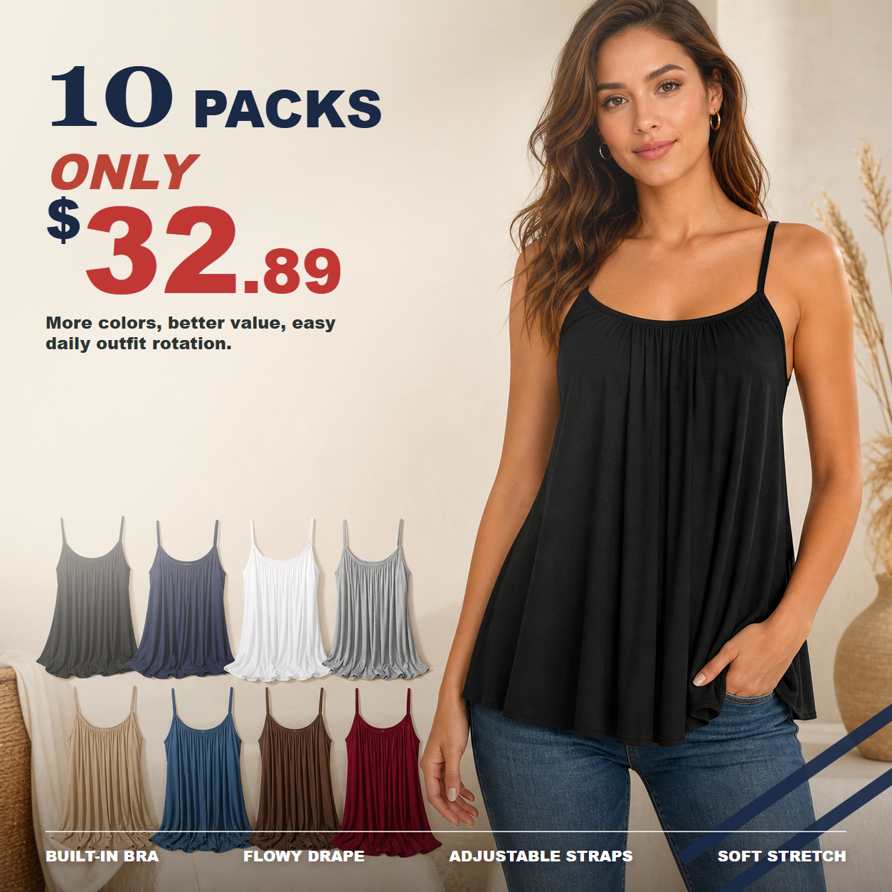 Plus Size Camisoles Women with Built In Bra Tank Top 8/10/12 Pack