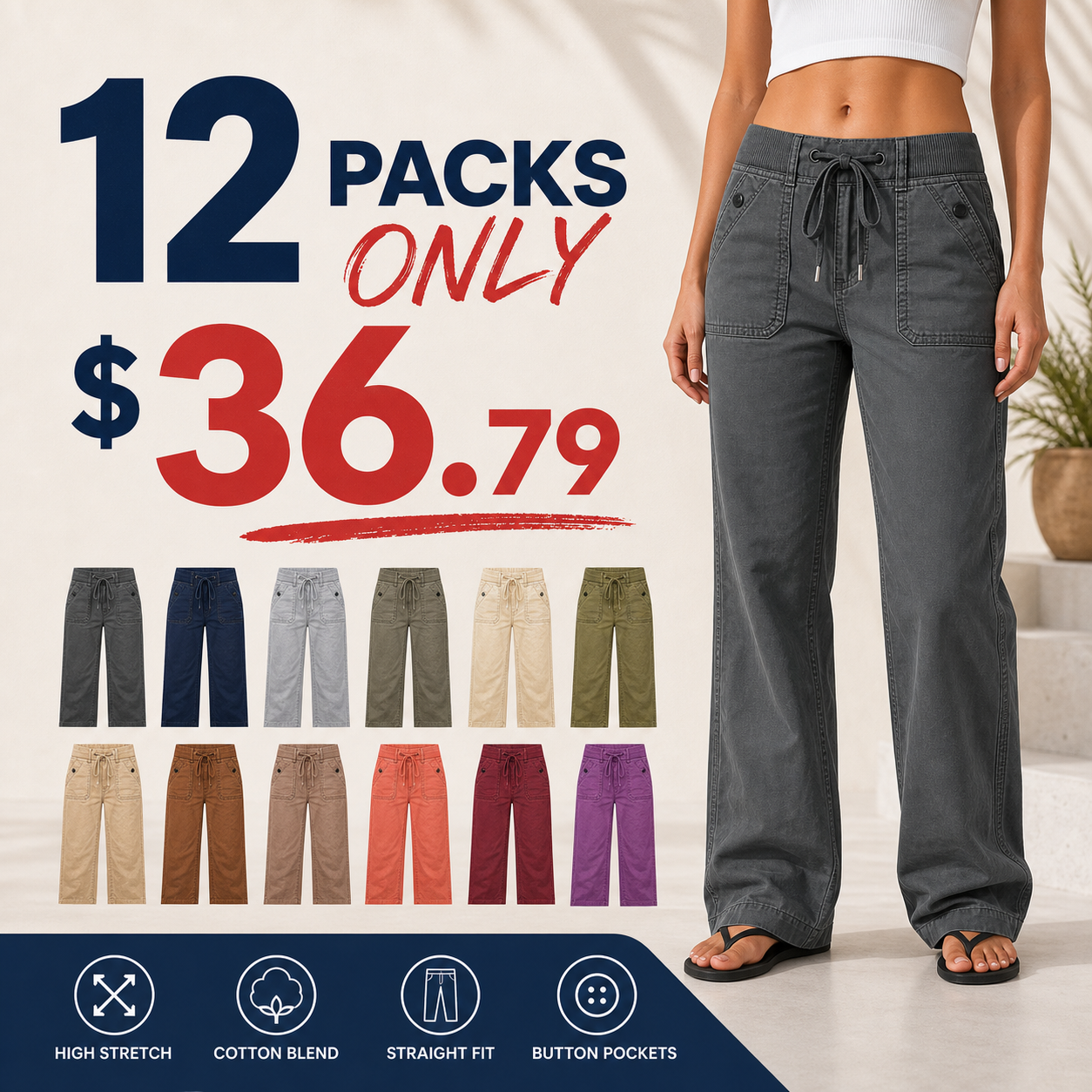Women's High Stretch Mid Rise Straight Pants 8/10/12 Pack