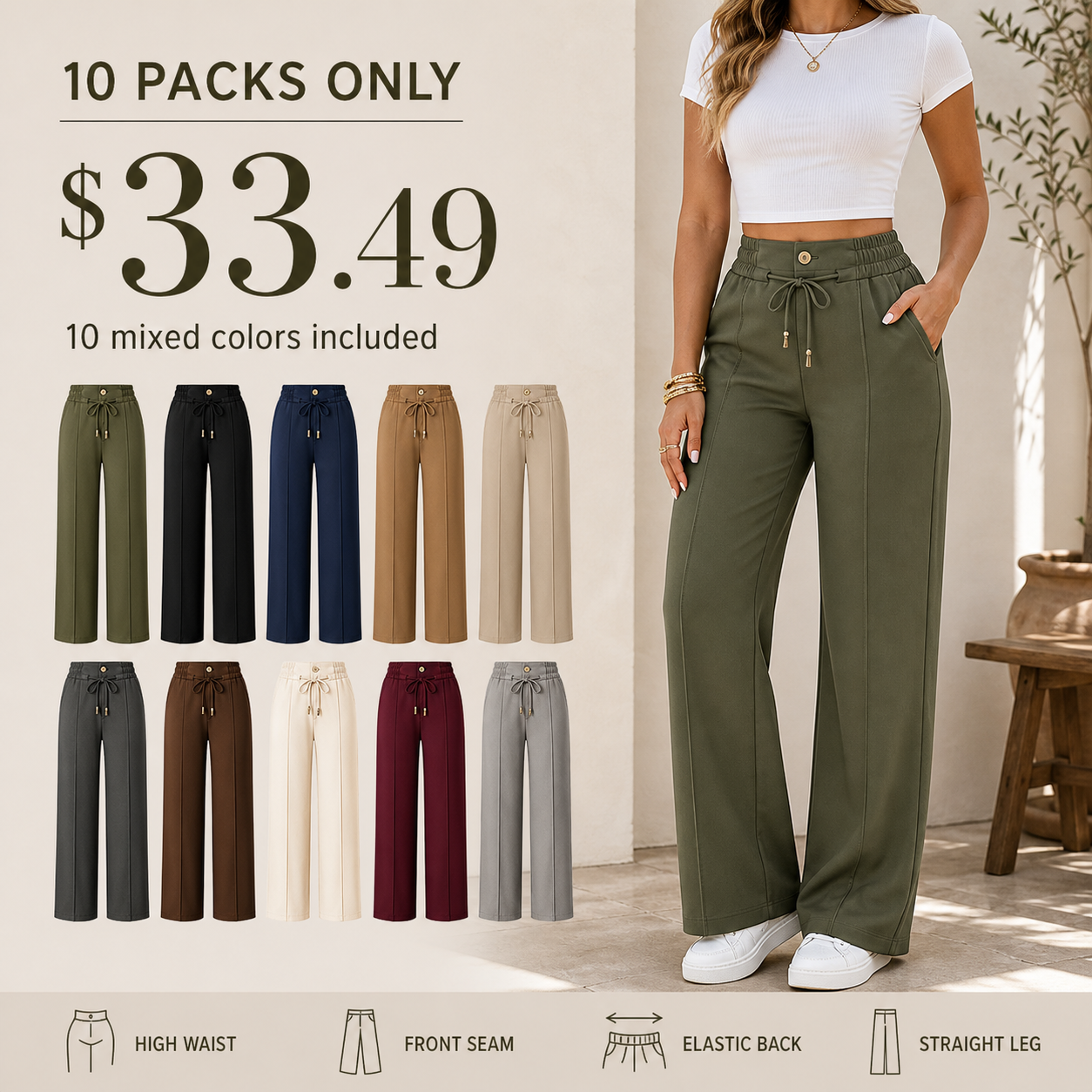 Women's High-Waisted Front Seam Elastic Back Straight Leg Trousers 8/10/12 Pack