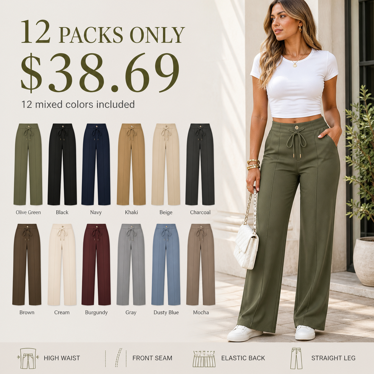 Women's High-Waisted Front Seam Elastic Back Straight Leg Trousers 8/10/12 Pack
