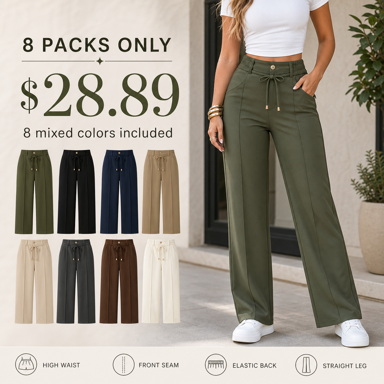 Women's High-Waisted Front Seam Elastic Back Straight Leg Trousers 8/10/12 Pack