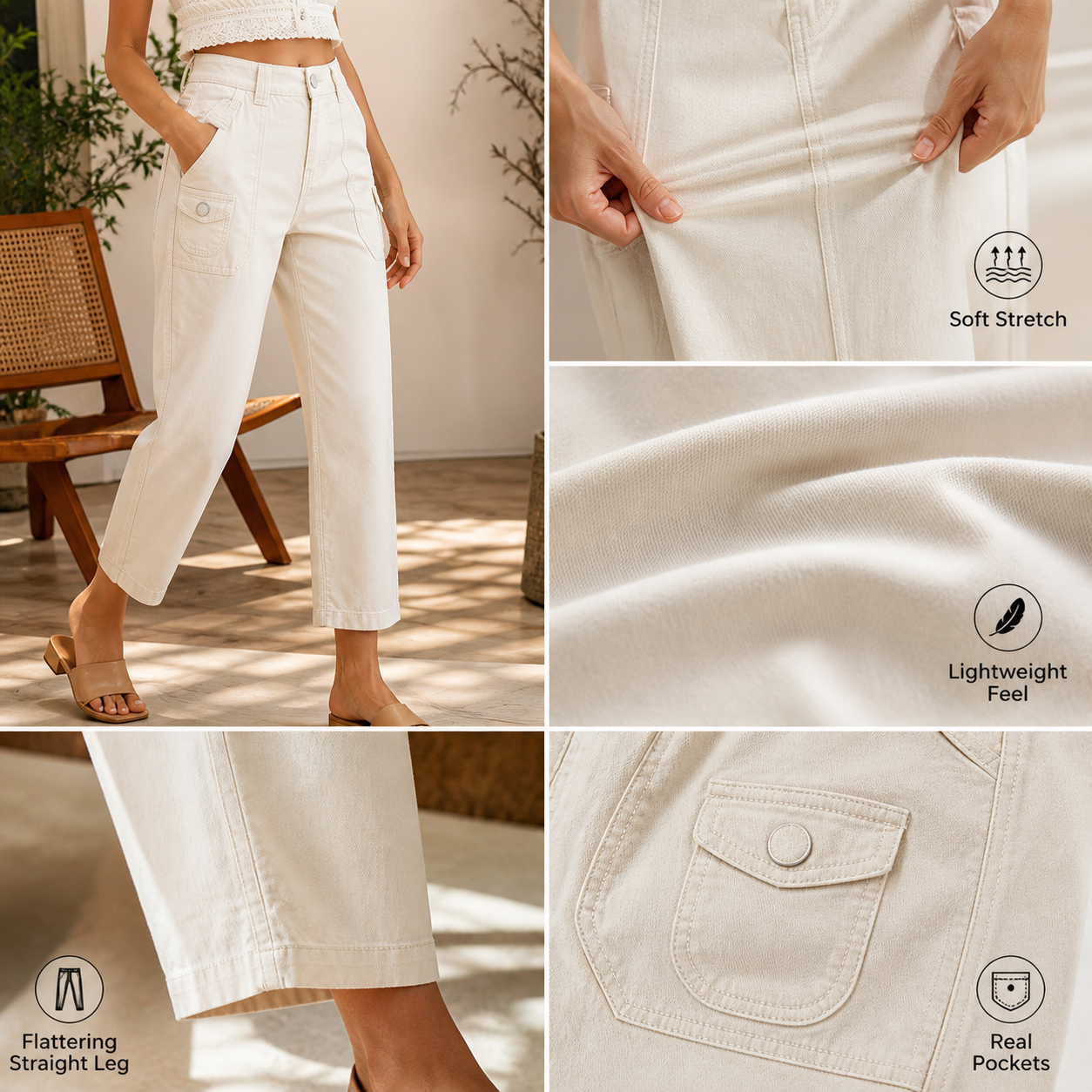 Key Features - stretch lightweight flattering fit button decor