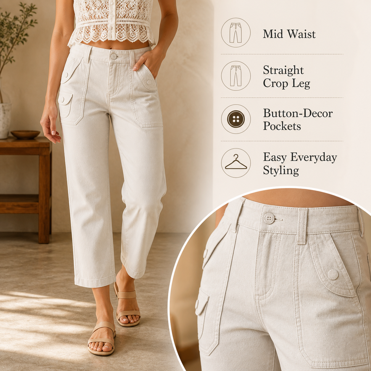 Design Highlights - mid waist straight leg crop fit