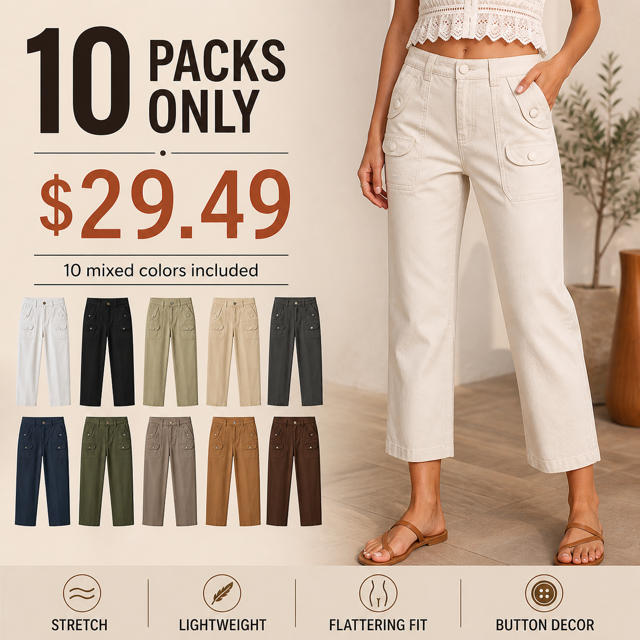 Women's Solid Button Decor Mid Waist Straight Leg Crop Pants Without Belt 8/10/12 Pack