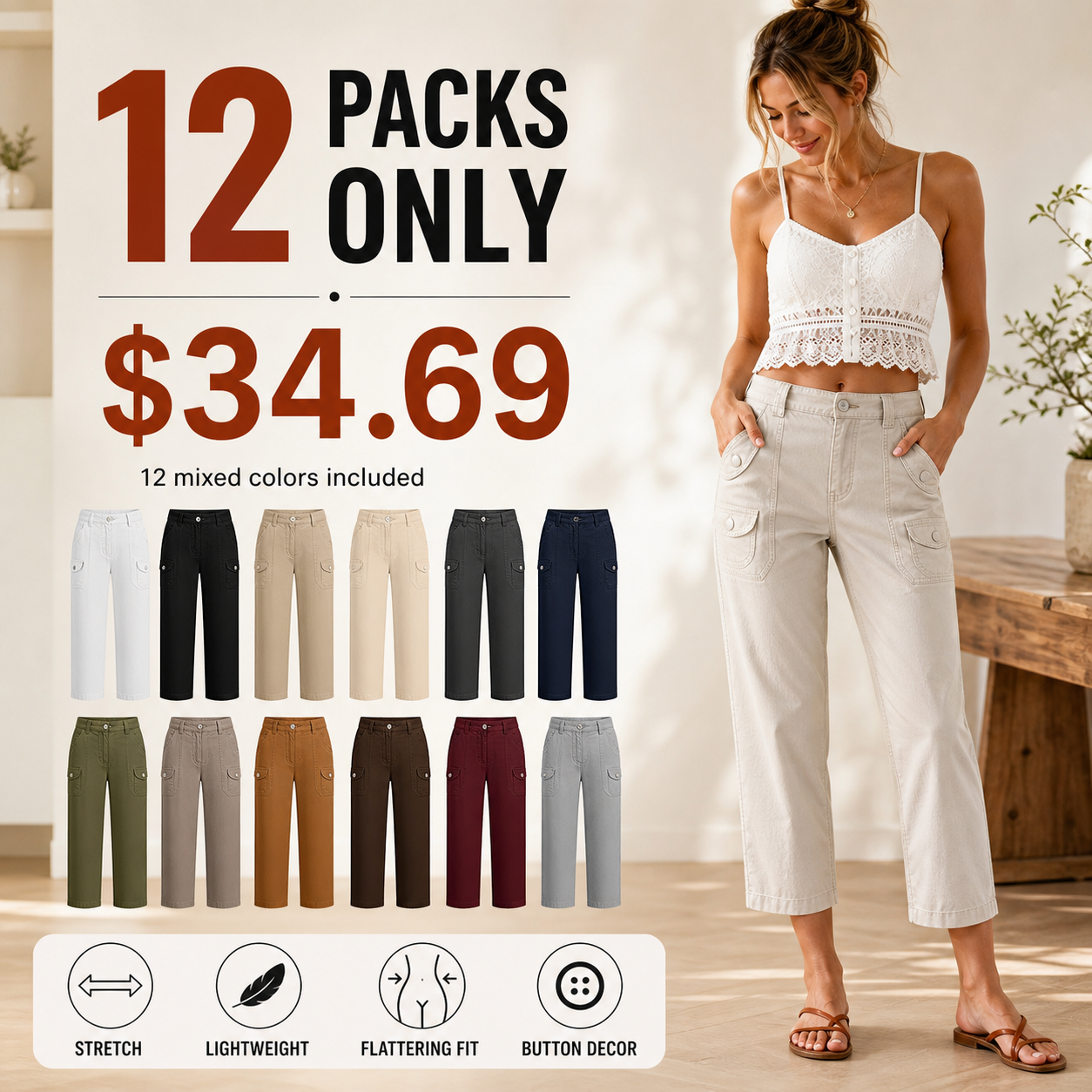 Women's Solid Button Decor Mid Waist Straight Leg Crop Pants Without Belt 8/10/12 Pack