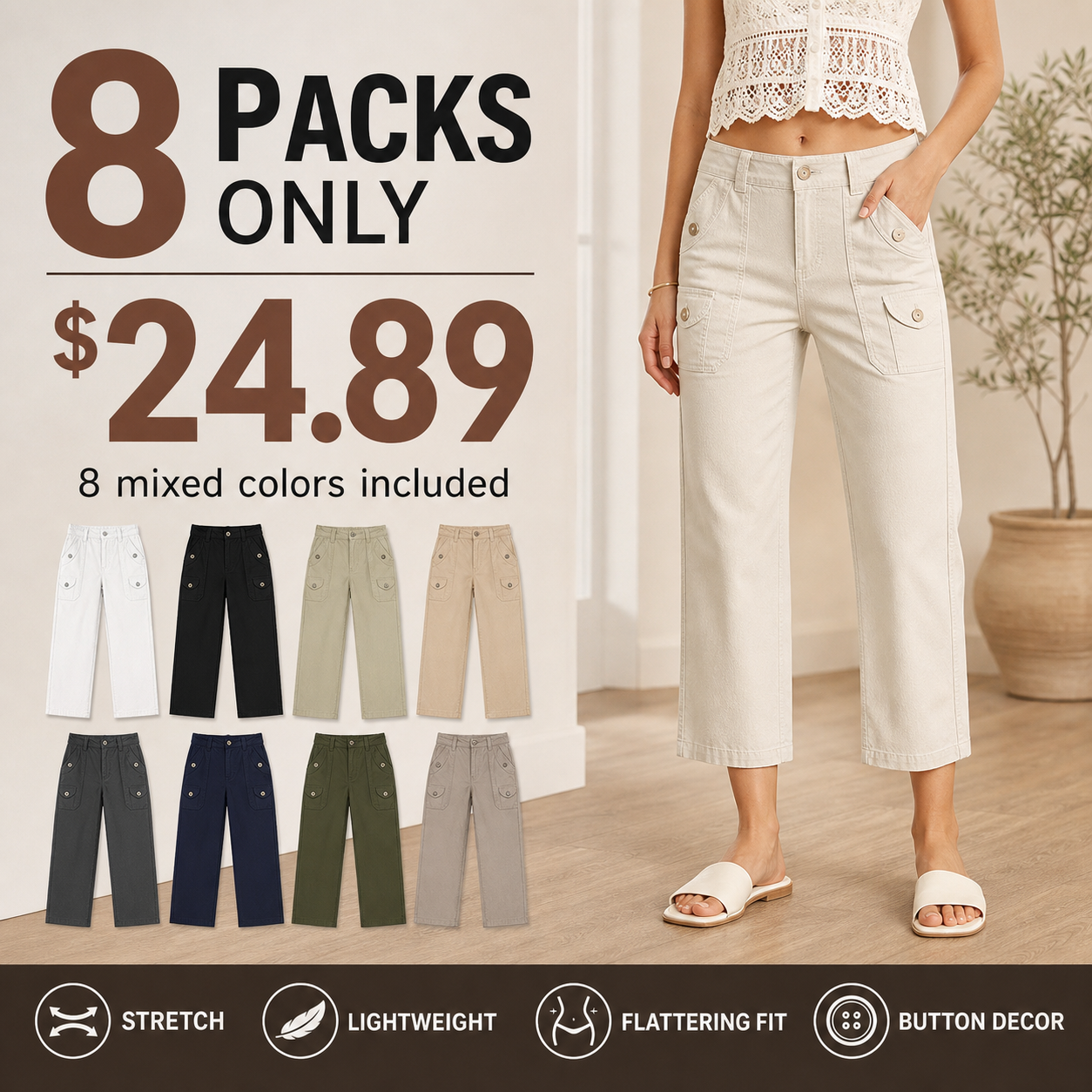 Women's Solid Button Decor Mid Waist Straight Leg Crop Pants Without Belt 8/10/12 Pack
