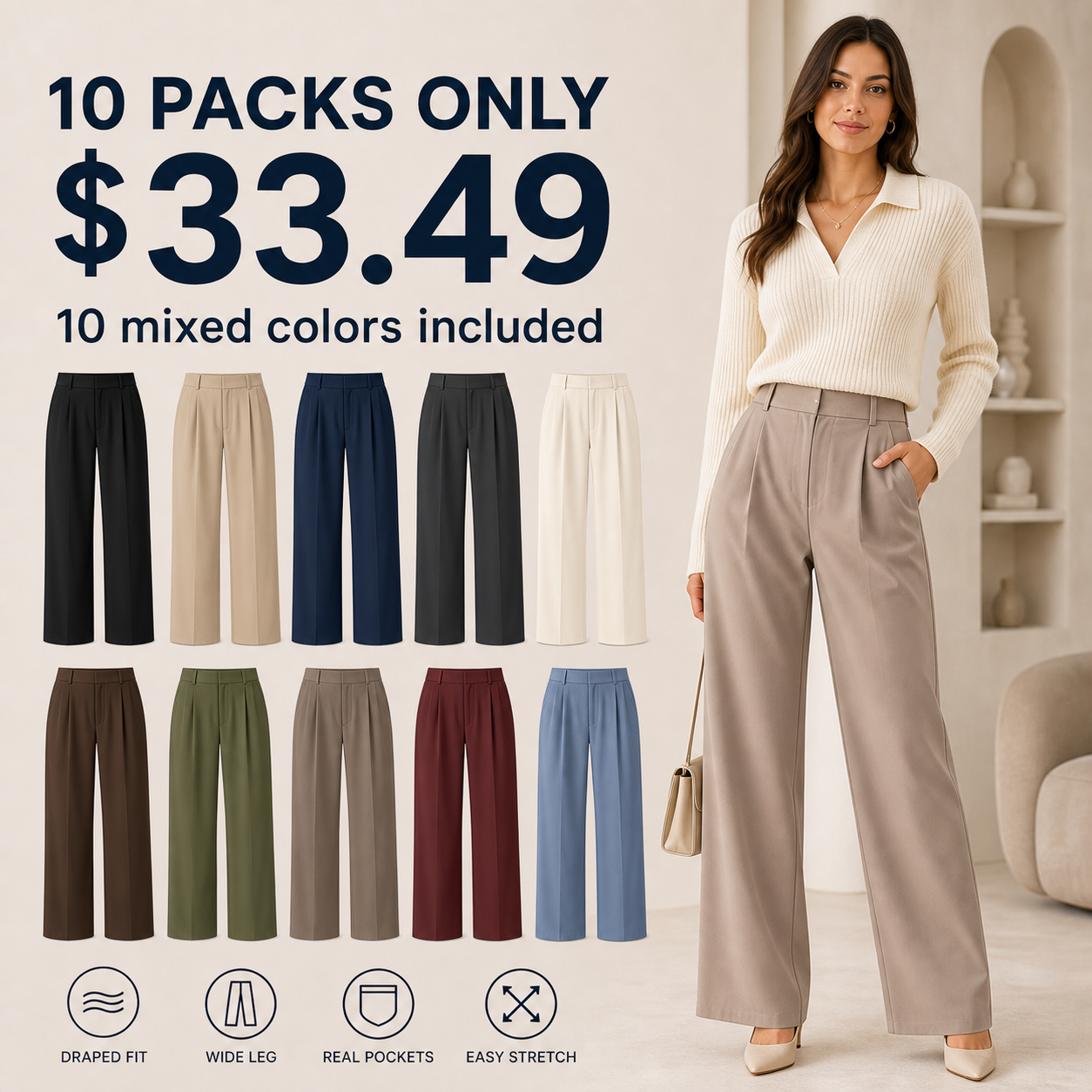 Women's Draped Solid Wide Leg Suit Pants 8/10/12 Pack