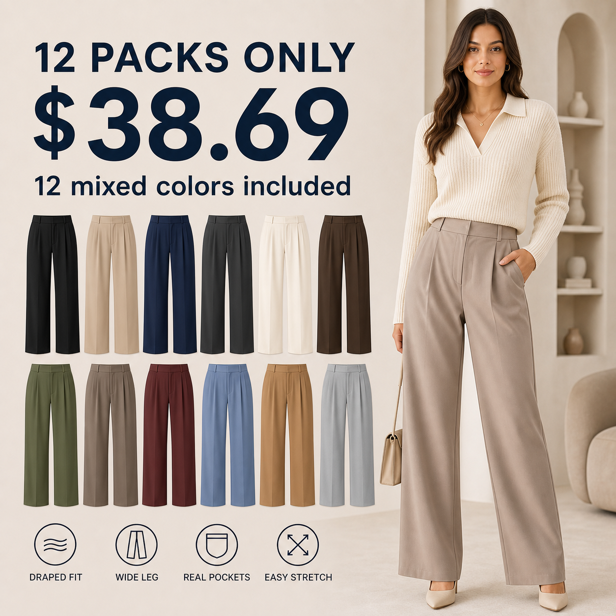 Women's Draped Solid Wide Leg Suit Pants 8/10/12 Pack
