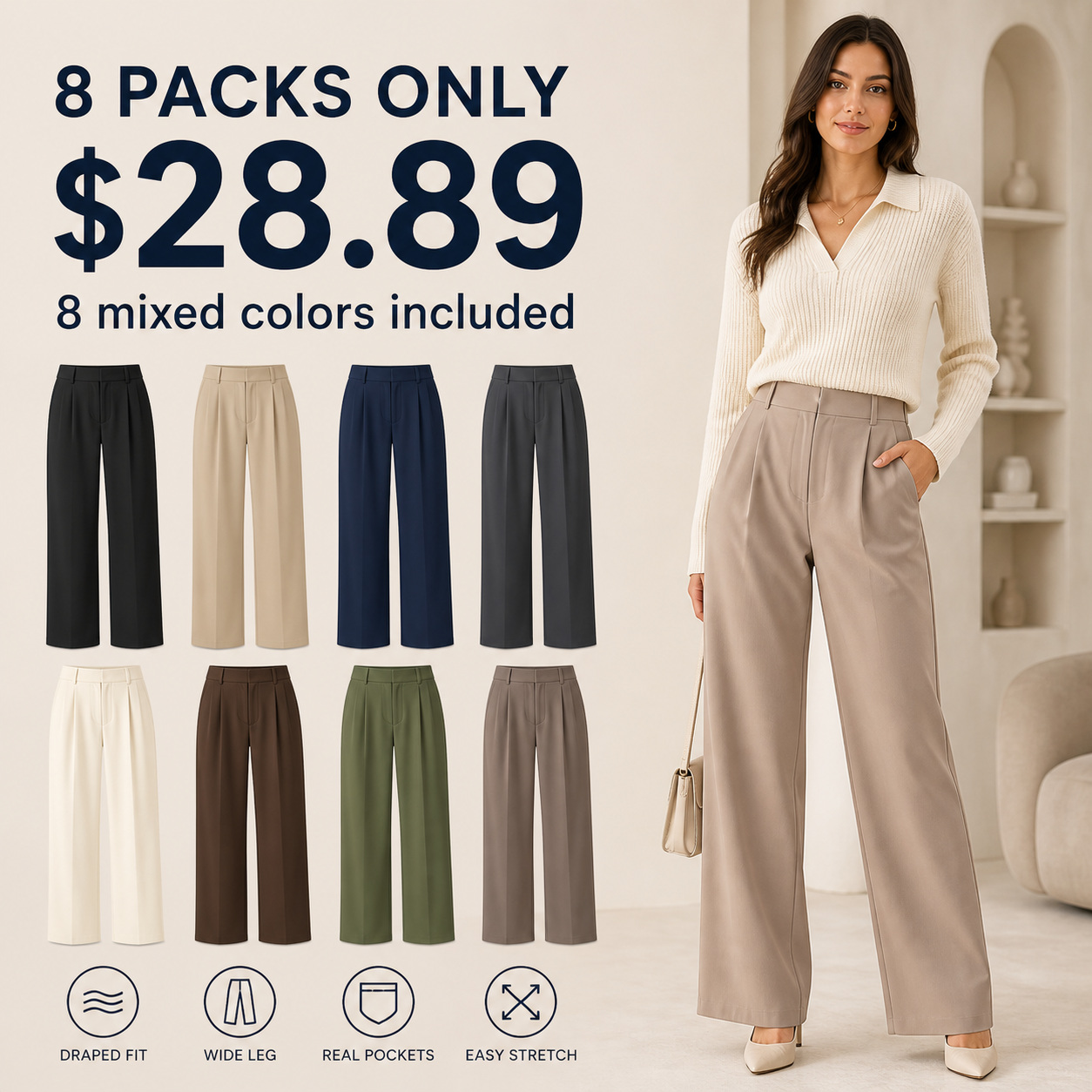 Women's Draped Solid Wide Leg Suit Pants 8/10/12 Pack