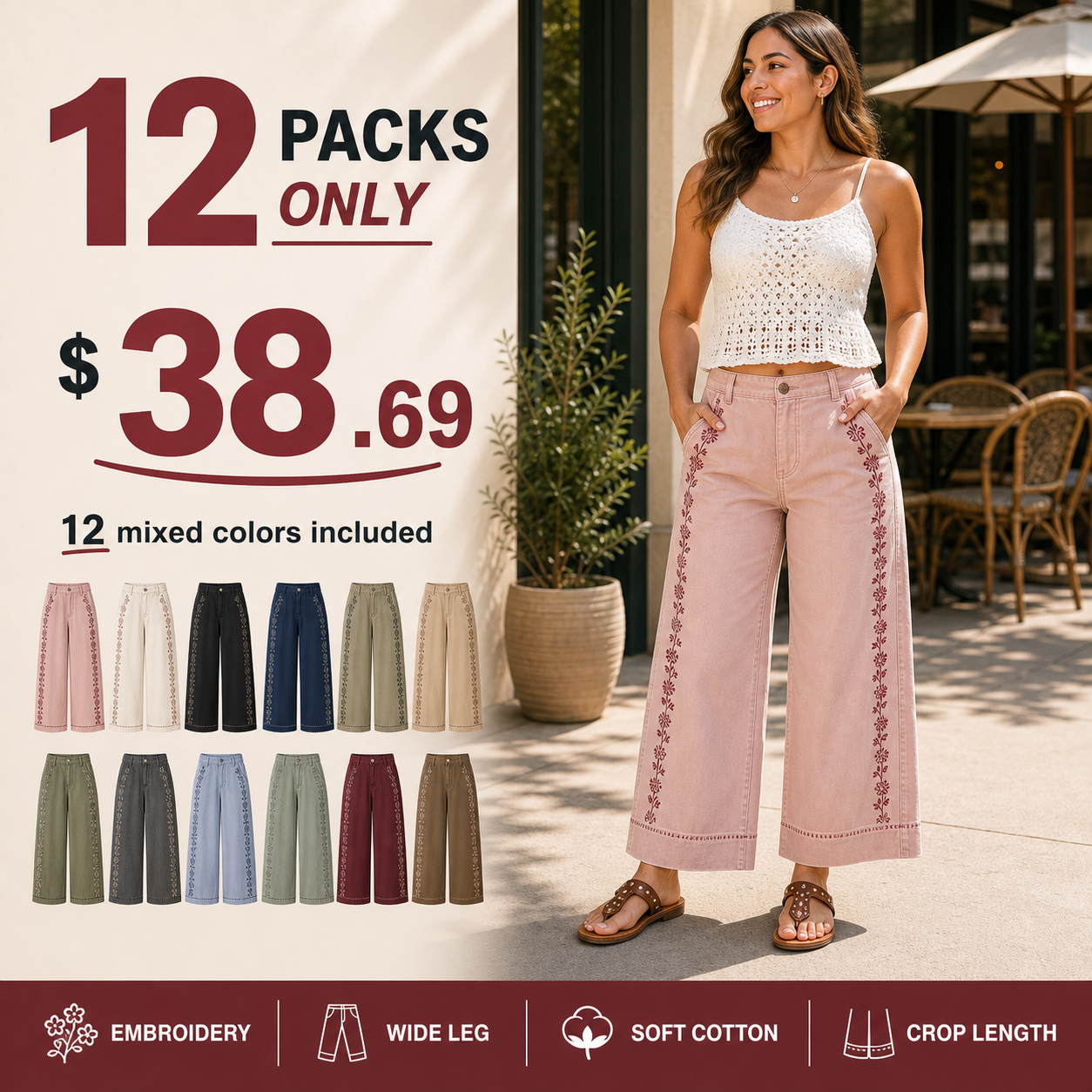 Women's Floral Embroidery Mid Waist Wide Leg Crop Pants 8/10/12 Pack