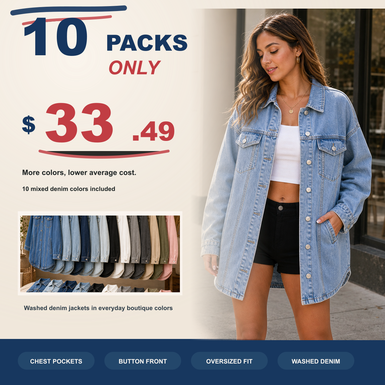 Women's Oversized Washed Denim Jacket 8/10/12 Pack